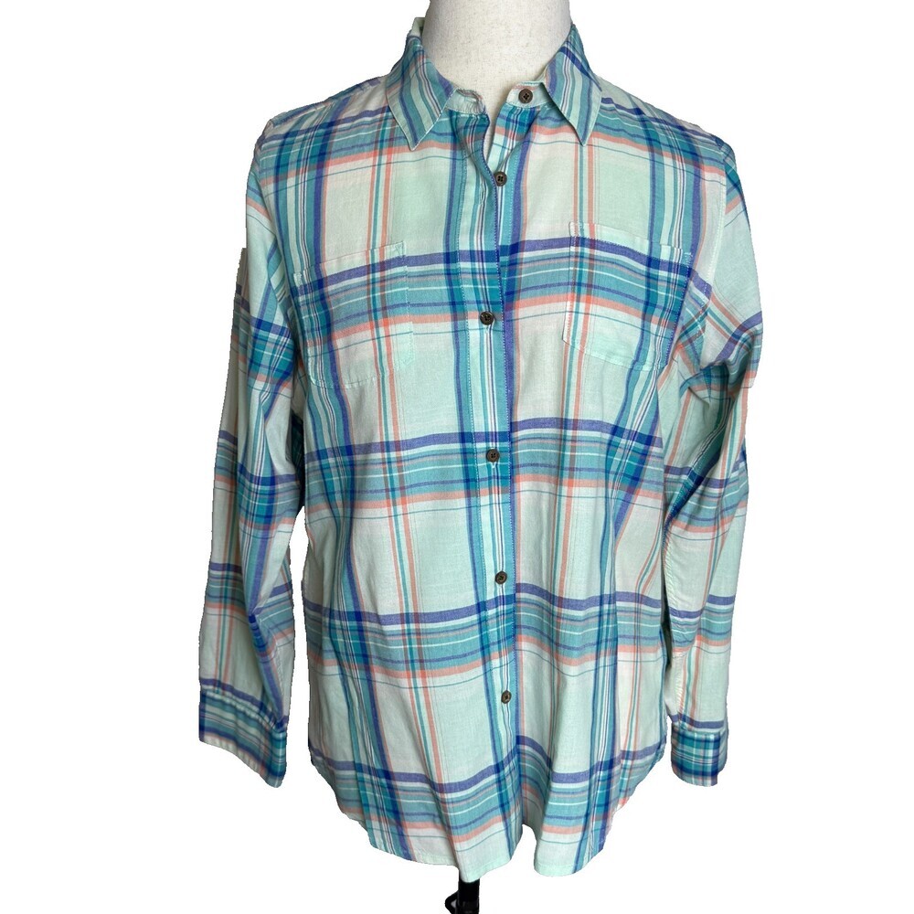 The North Face Button Up Blouse Women's Sz XL Blue Green Plaid Roll Tab Sleeves - Picture 2 of 15